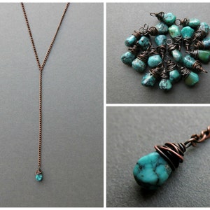 Turquoise Lariat Necklace, Dainty Gemstone Y Necklace, Copper Chain Lariat Choker w/Mini Blue Stone Dangle, Whimsigoth Boho Bohemian Jewelry image 2