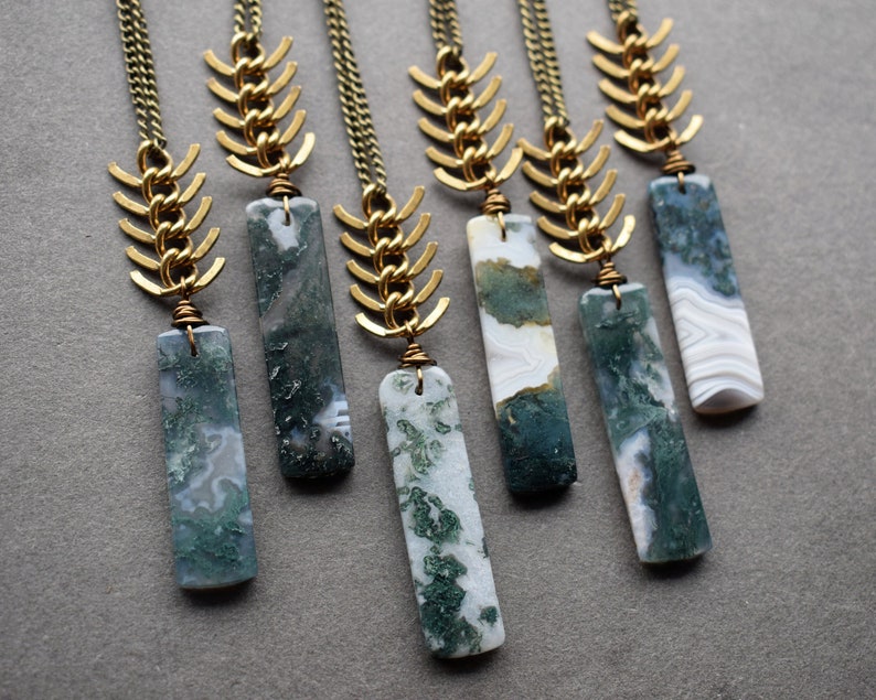 Moss Agate Necklace Long Stone Necklace Agate Stone Necklace Raw Stone Jewelry Green Stone Pendant Bohemian Pendant image 1