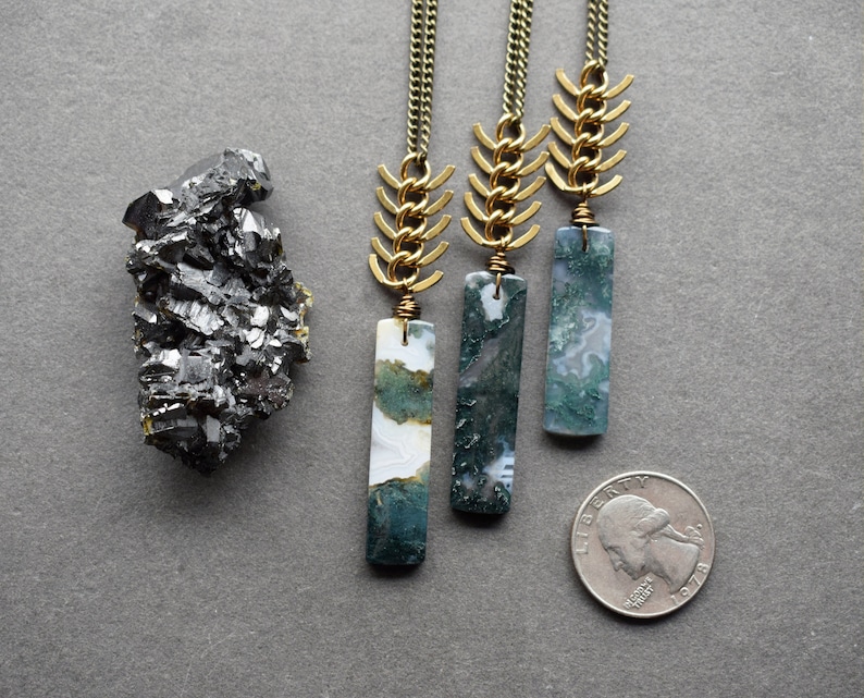 Moss Agate Necklace Long Stone Necklace Agate Stone Necklace Raw Stone Jewelry Green Stone Pendant Bohemian Pendant image 5