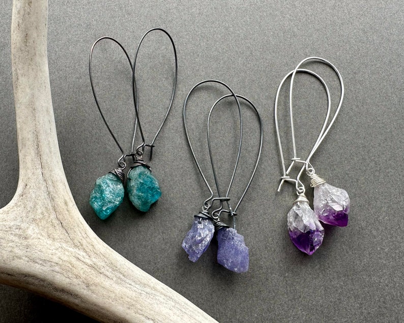 Raw Gemstone Earrings, Boho Dangle Earrings, Raw Crystal Earrings, Raw Stone Earrings, Witchy Earrings, Apatite Amethyst Tanzanite Jewelry image 5