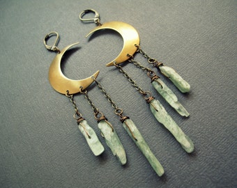 Raw Stone Earrings - Green Kyanite Earrings - Boho Earrings - Kyanite Crystal Earrings - Long Dangle Earrings - Crystal Moon Earrings