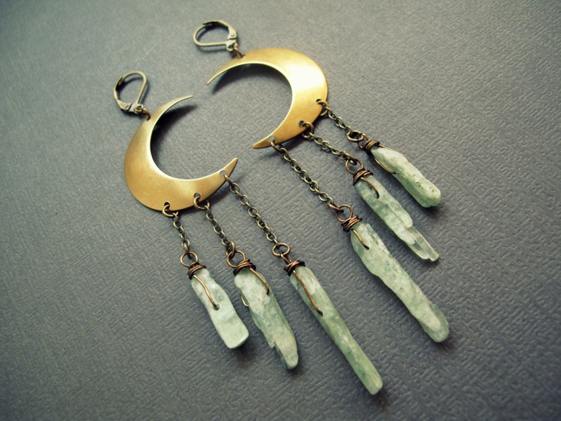 Raw Stone Earrings Green Kyanite Earrings Boho Earrings Kyanite Crystal Earrings Long Dangle Earrings Crystal Moon Earrings image 1