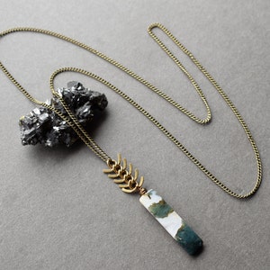 Moss Agate Necklace Long Stone Necklace Agate Stone Necklace Raw Stone Jewelry Green Stone Pendant Bohemian Pendant image 4