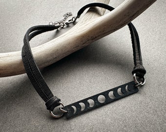 Collana girocollo con fasi lunari, collana gotica in pelle nera, gioielli alternativi gotici in stile stregonesco