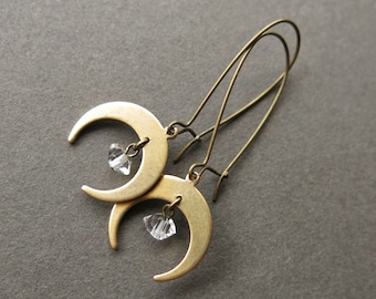 Herkimer Diamond Earrings - Crescent Moon Earrings - Moon Phase Earrings - Raw Crystal Earrings - Clear Quartz Earrings - Celestial Jewelry