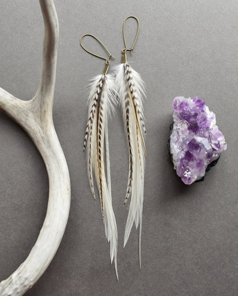 White Feather Earrings, Bridal Boho Earrings for Wedding, Natural Real Feather Earrings, Long Statement Earrings image 6