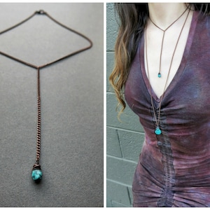 Turquoise Lariat Necklace, Dainty Gemstone Y Necklace, Copper Chain Lariat Choker w/Mini Blue Stone Dangle, Whimsigoth Boho Bohemian Jewelry image 1