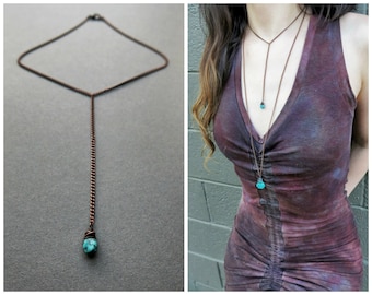 Turquoise Lariat Necklace, Dainty Gemstone Y Necklace, Copper Chain Lariat Choker w/Mini Blue Stone Dangle, Whimsigoth Boho Bohemian Jewelry