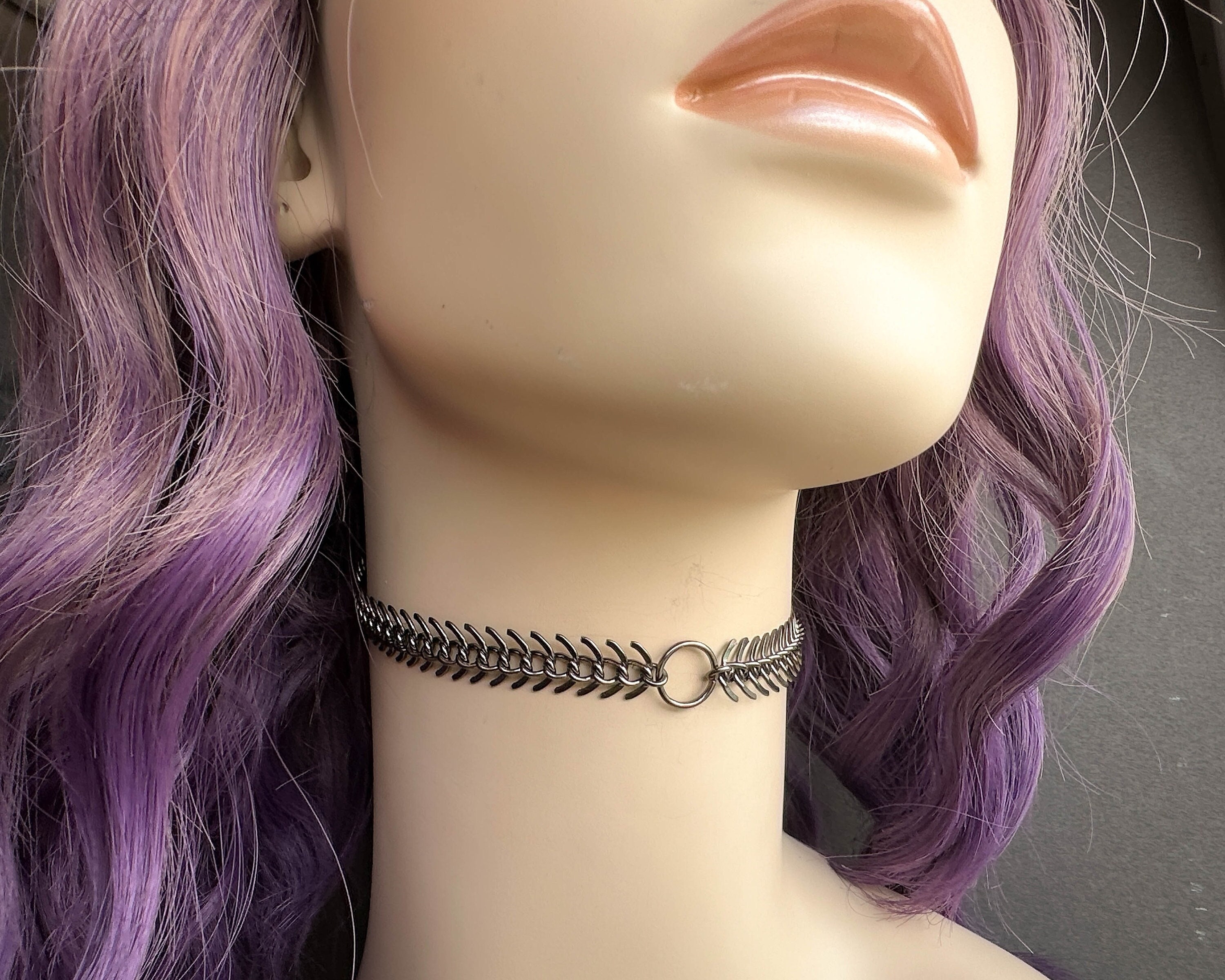 Gunmetal Vertebrae Chain Choker Necklace, Gothic Dark Silver O Ring Day Collar, Witchy Alt 90s y2k Goth Jewelry