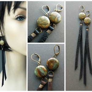 Leather Earrings, Long Boho Dangle Earrings, Brown Black Leather Tassel Earrings w/ Stones, Statement Fringe Earrings, White Leather Jewelry image 2