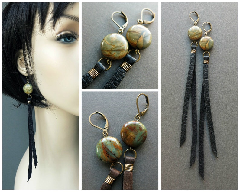 Leather Earrings, Long Boho Dangle Earrings, Brown Black Leather Tassel Earrings w/ Stones, Statement Fringe Earrings, White Leather Jewelry image 2