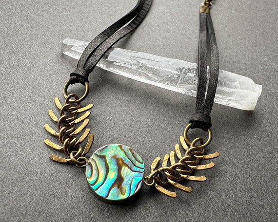 Witchy Abalone Shell Choker Necklace, Gothic Black Leather Spine Chain Collar, Alt Goth Jewelry