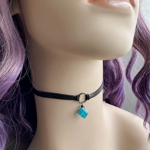 Blue Apatite Choker Necklace, Dainty Black Leather Goth Choker with Raw Crystal, Boho Witchy Gemstone Jewelry, Wiccan Pagan Whimsigoth image 2