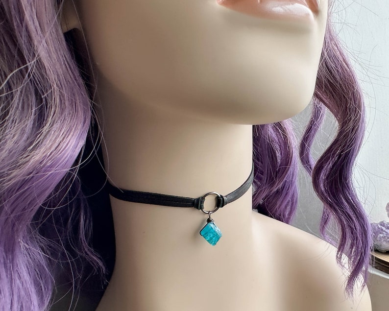 Blue Apatite Choker Necklace, Dainty Black Leather Goth Choker with Raw Crystal, Boho Witchy Gemstone Jewelry, Wiccan Pagan Whimsigoth image 2