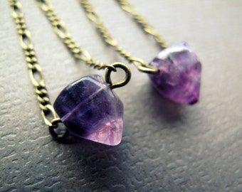 Fluorite Crystal Earrings: Purple Fluorite Earrings Polished Healing Crystal Points Long Brass Chain Earrings Modern Tribal Boho Chrysalism