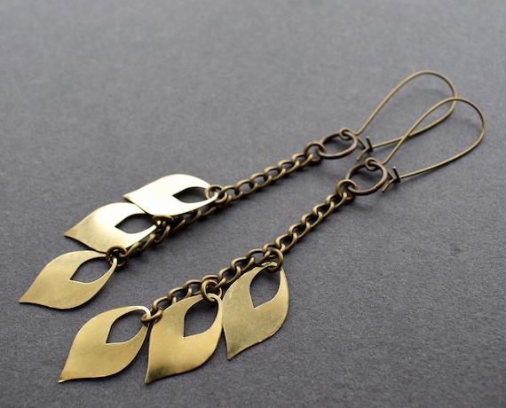 Brass Leaf Earrings - Long Brass Earrings - Big Earrings - Long Dangle Earrings - Simple Drop Earrings - Bohemian Dangle Earrings