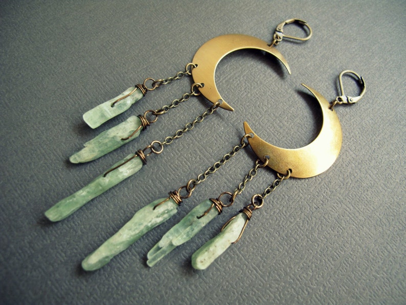 Raw Stone Earrings Green Kyanite Earrings Boho Earrings Kyanite Crystal Earrings Long Dangle Earrings Crystal Moon Earrings image 3