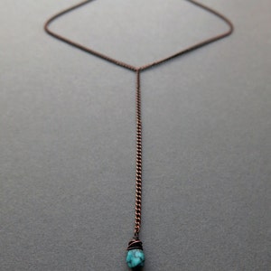 Turquoise Lariat Necklace, Dainty Gemstone Y Necklace, Copper Chain Lariat Choker w/Mini Blue Stone Dangle, Whimsigoth Boho Bohemian Jewelry image 5