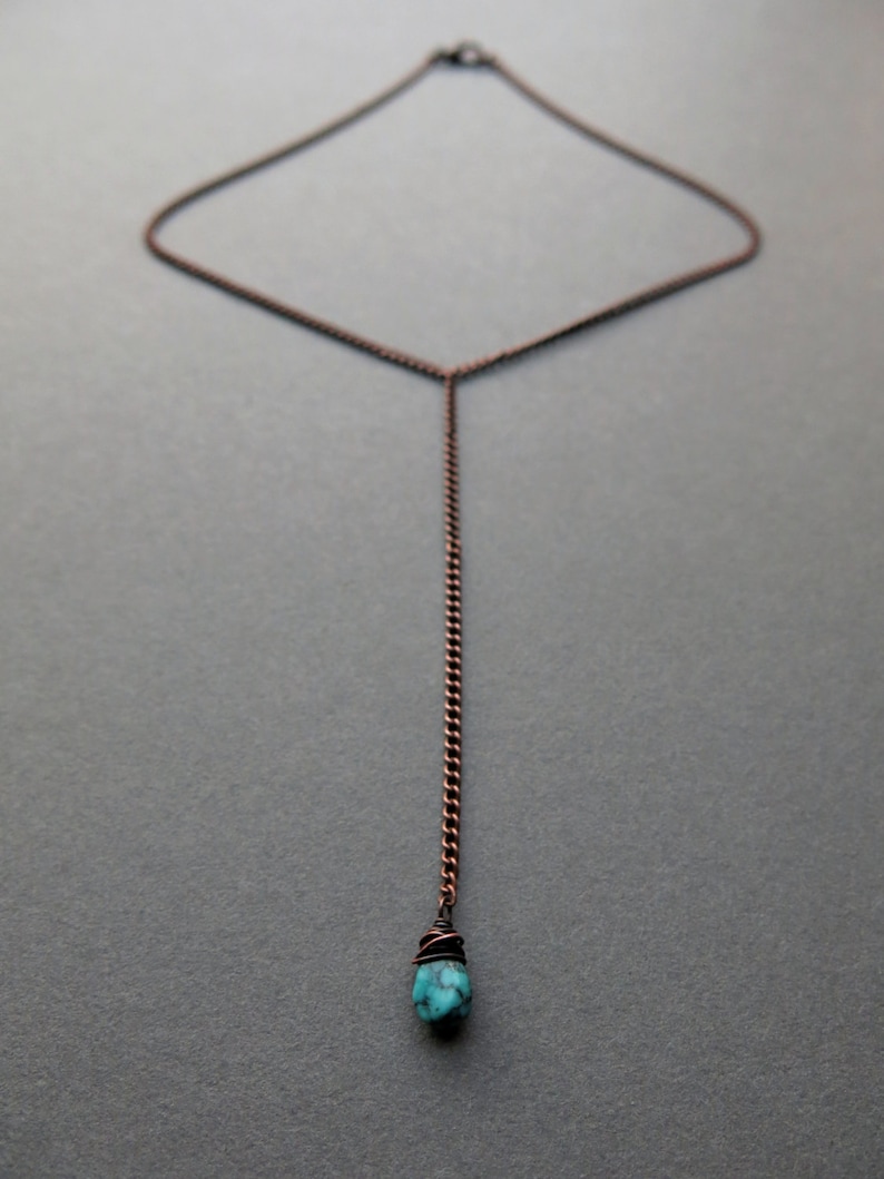 Turquoise Lariat Necklace, Dainty Gemstone Y Necklace, Copper Chain Lariat Choker w/Mini Blue Stone Dangle, Whimsigoth Boho Bohemian Jewelry image 5