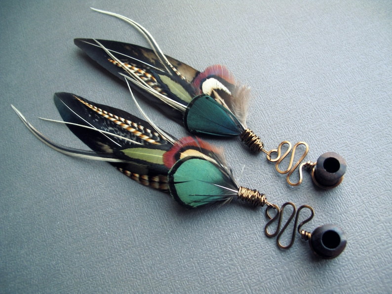 Feather Dangle Gauges, Brown Green Teal Ear Plugs, 2g 0g 00g 1/2 9/16 5/8 3/4 7/8 1 inch Bohemian Wood Stone Gauge Earrings, Wedding Tunnels image 9