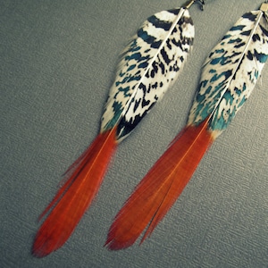 Long Feather Earrings, Black White and Orange Boho Dangle Earrings, Simple Bohemian Whimsigoth Jewelry image 5