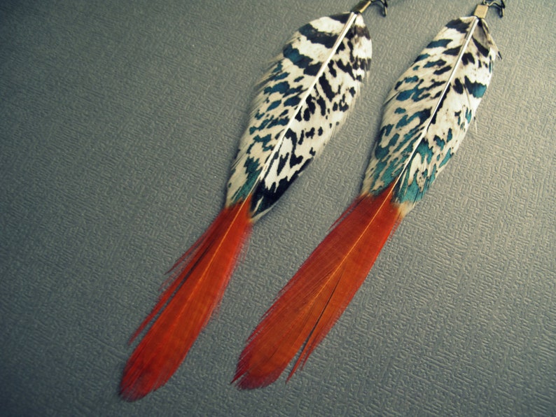 Long Feather Earrings, Black White and Orange Boho Dangle Earrings, Simple Bohemian Whimsigoth Jewelry image 5