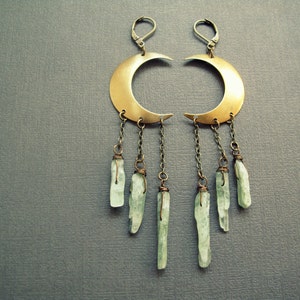 Raw Stone Earrings Green Kyanite Earrings Boho Earrings Kyanite Crystal Earrings Long Dangle Earrings Crystal Moon Earrings image 5