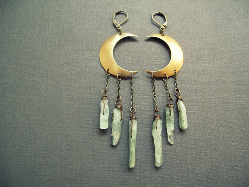 Raw Stone Earrings Green Kyanite Earrings Boho Earrings Kyanite Crystal Earrings Long Dangle Earrings Crystal Moon Earrings image 5