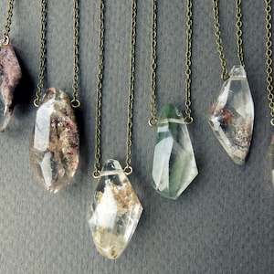 Garden Quartz Necklace, Lodolite Quartz Crystal Necklace, Boho Jewelry, Clear Green Purple Crystal Pendant, Scenic Phantom Quartz Lodalite