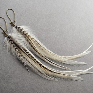 White Feather Earrings, Bridal Boho Earrings for Wedding, Natural Real Feather Earrings, Cream Off White Earrings, Long Statement Earrings image 2