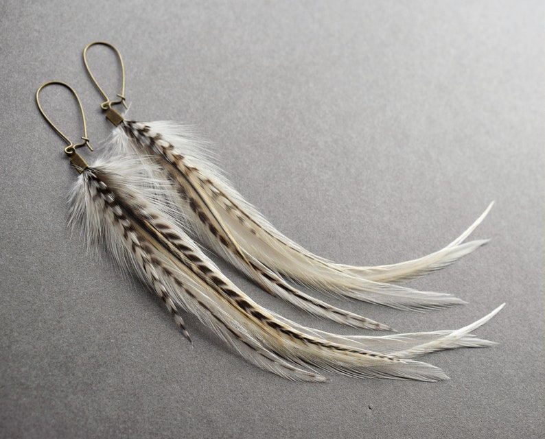 White Feather Earrings, Bridal Boho Earrings for Wedding, Natural Real Feather Earrings, Cream Off White Earrings, Long Statement Earrings image 2