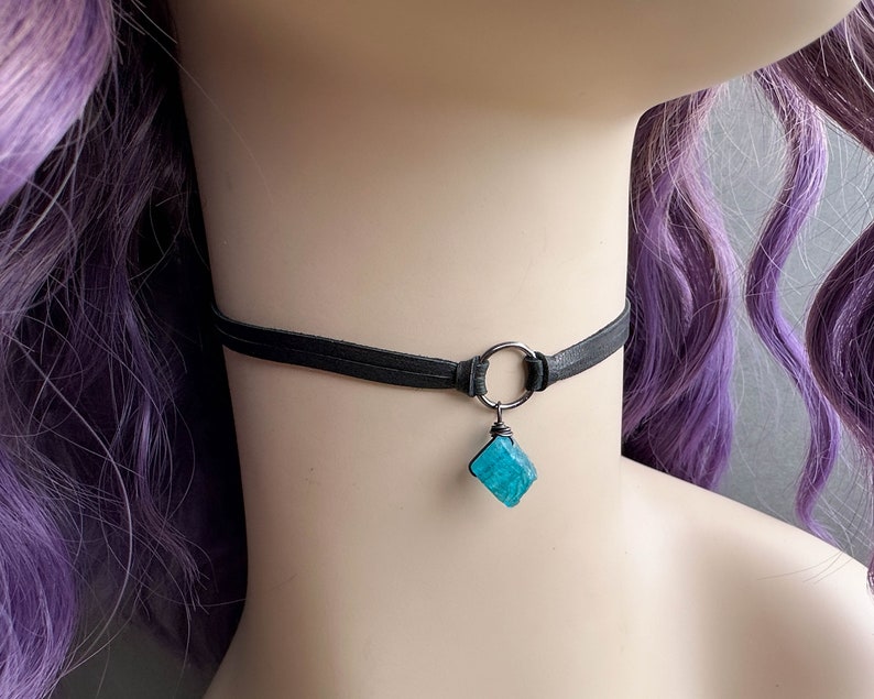 Blue Apatite Choker Necklace, Dainty Black Leather Goth Choker with Raw Crystal, Boho Witchy Gemstone Jewelry, Wiccan Pagan Whimsigoth image 8