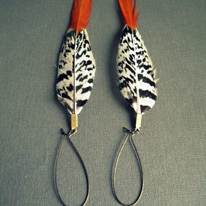 May include: A pair of earrings featuring black and white patterned feathers with orange tips. The feathers are attached to simple gold hoops.