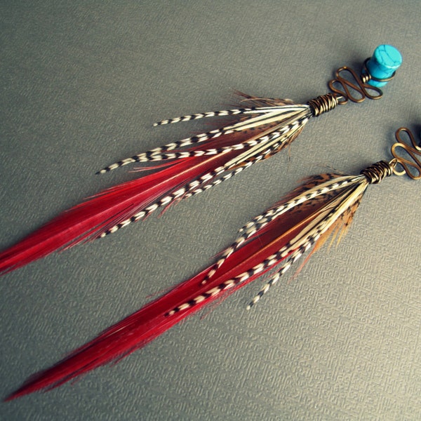 Red Feather Dangle Gauges, Custom Boho Ear Plugs,  2g 0g 00g 1/2 9/16 5/8 3/4 1 inch Gauge Earrings, Bohemian Turquoise Stone Wood Tunnels