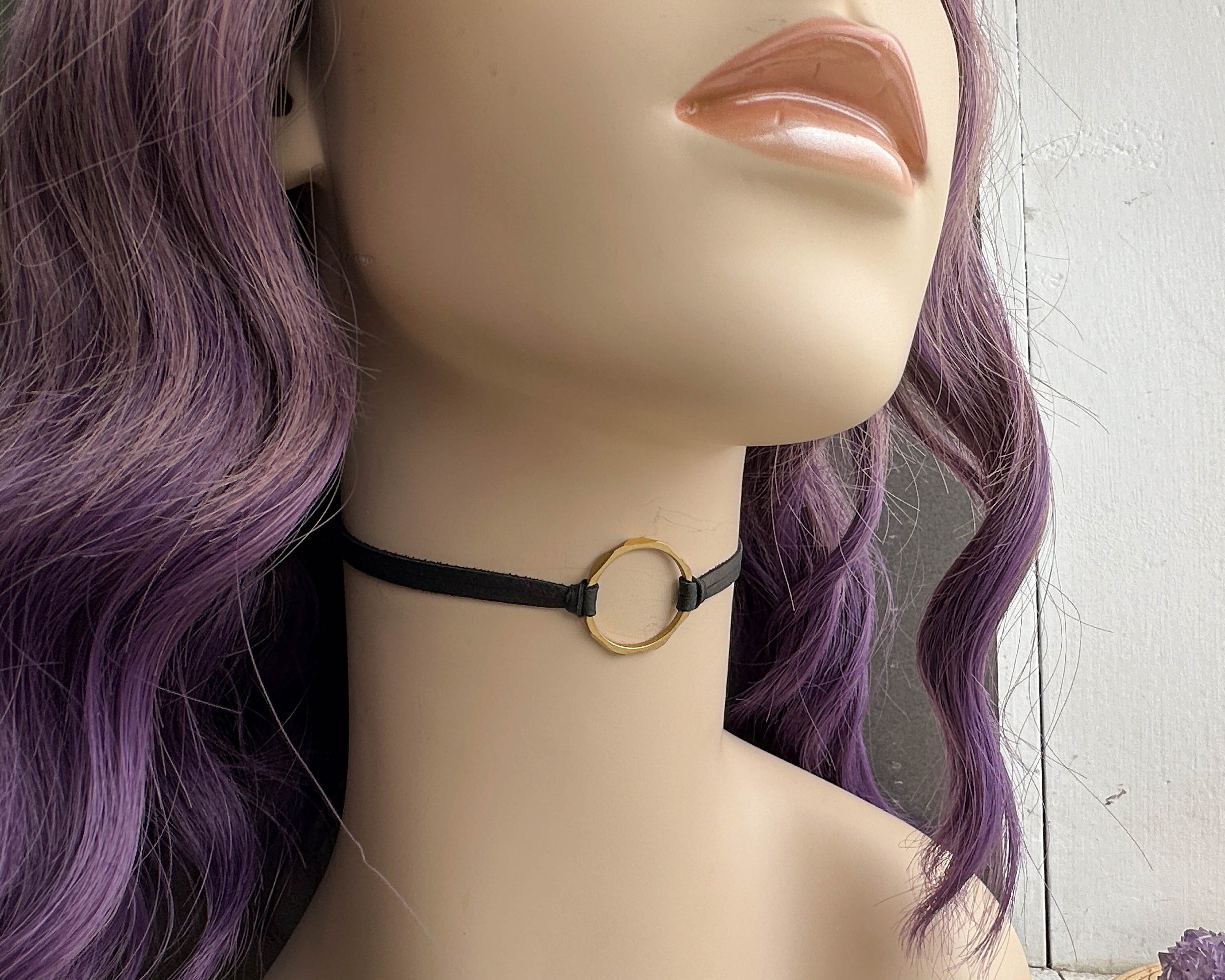 Brass O Ring Choker Necklace, Black Leather Alt Goth Day  display picture 2