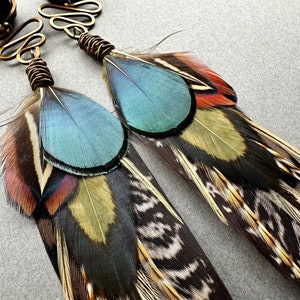 Feather Dangle Gauges, Bruin Groene Teal Oordoppen, 2g 0g 00g 1/2 9/16 5/8 3/4 7/8 1 inch Boho Wood Stone Gauge Oorbellen, Bruiloft Tunnels afbeelding 4