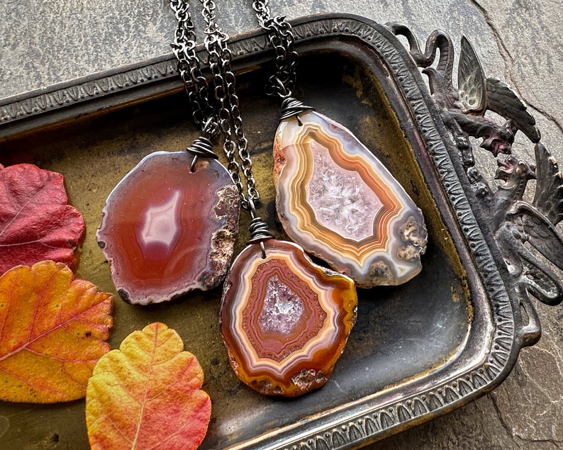 Botswana Agate Necklace, Natural Stone Pendant, Boho Witchy Gemstone Jewelry, Yellow Orange Pink Red Agate Slice on Gunmetal Silver Chain image 1