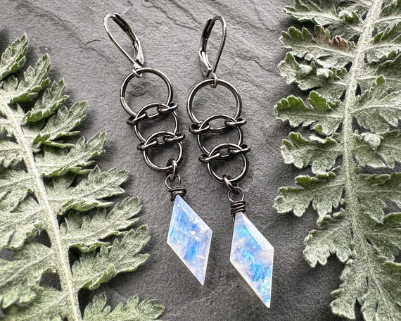 Gothic Moonstone Earrings, Witchy Gunmetal Chainmail Dangle Earrings, y2k 90s Alt Goth Aesthetic, Edgy Whimsigoth Crystal Jewelry