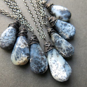 Merlinite Dendritic Opal Necklace, Natural Stone Pendant on Dark Silver Gunmetal Chain, Gothic Witchy Boho Gemstone Jewelry for Women