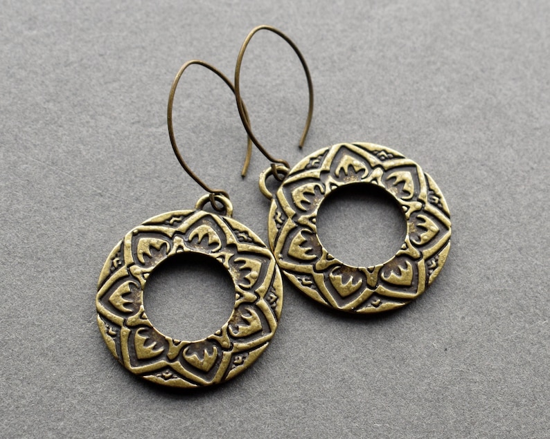 Lotus Flower Earrings Bronze Hoop Earrings Bohemian Brass Etsy