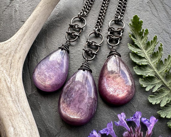 Gem Lepidolite Necklace, Witchy Gemstone Pendant, Alt Pagan Gothic Jewelry, Egirl Grunge Fairycore Aesthetic
