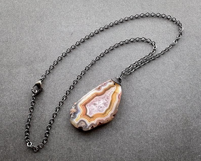 Botswana Agate Necklace, Natural Stone Pendant, Boho Witchy Gemstone Jewelry, Yellow Orange Pink Red Agate Slice on Gunmetal Silver Chain image 3