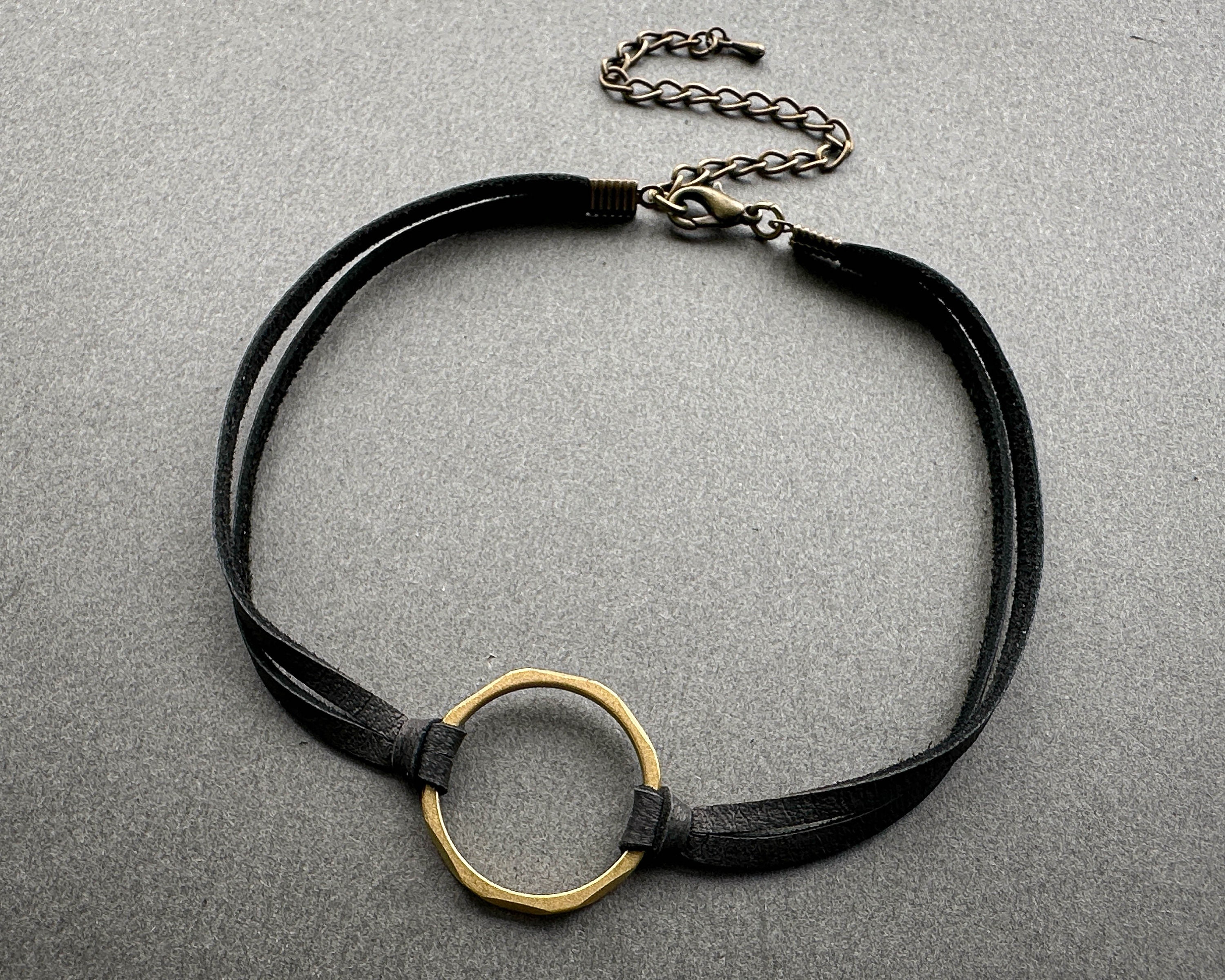 Brass O Ring Choker Necklace, Black Leather Alt Goth Day  display picture 3