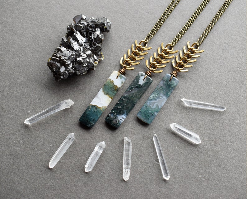 Moss Agate Necklace Long Stone Necklace Agate Stone Necklace Raw Stone Jewelry Green Stone Pendant Bohemian Pendant image 6