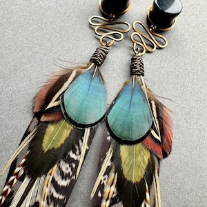 Feather Dangle Gauges, Brown Green Teal Ear Plugs, 2g 0g 00g 1/2 9/16 5/8 3/4 7/8 1 inch Bohemian Wood Stone Gauge Earrings, Wedding Tunnels image 8