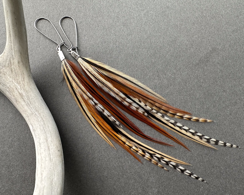 Rust Brown Feather Earrings Natural Real Feather Jewelry Boho Earrings Dangle Long Feather Earrings Burnt Orange Statement Earrings image 5