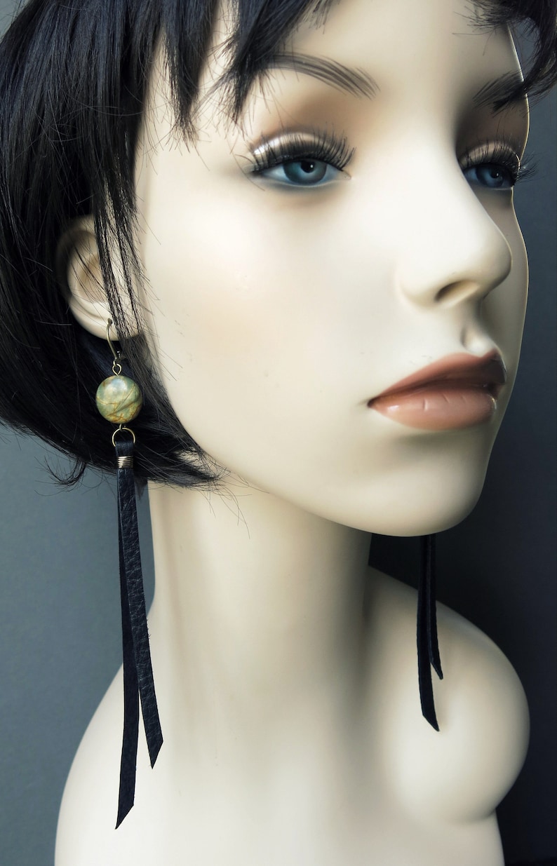 Leather Earrings, Long Boho Dangle Earrings, Brown Black Leather Tassel Earrings w/ Stones, Statement Fringe Earrings, White Leather Jewelry image 4