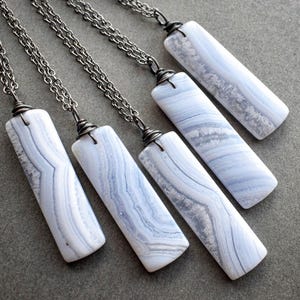 Pale Blue Lace Agate Necklace, Natural Gemstone Pendant, Pagan Boho Jewelry for Women