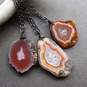 Botswana Agate Necklace, Natural Stone Pendant, Boho Witchy Gemstone Jewelry, Yellow Orange Pink Red Agate Slice on Gunmetal Silver Chain image 5