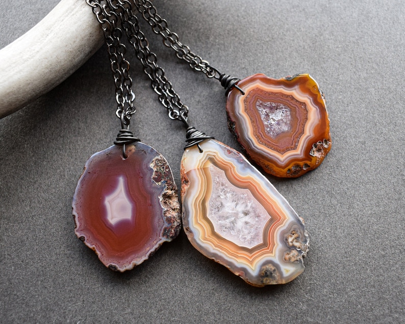 Botswana Agate Necklace, Natural Stone Pendant, Boho Witchy Gemstone Jewelry, Yellow Orange Pink Red Agate Slice on Gunmetal Silver Chain image 5